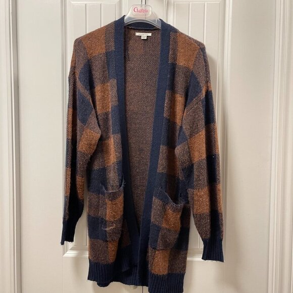 AE American Eagle Oversized Wool Plaid Cardigan Navy Brown Navy Brown – XS - Picture 6 of 13